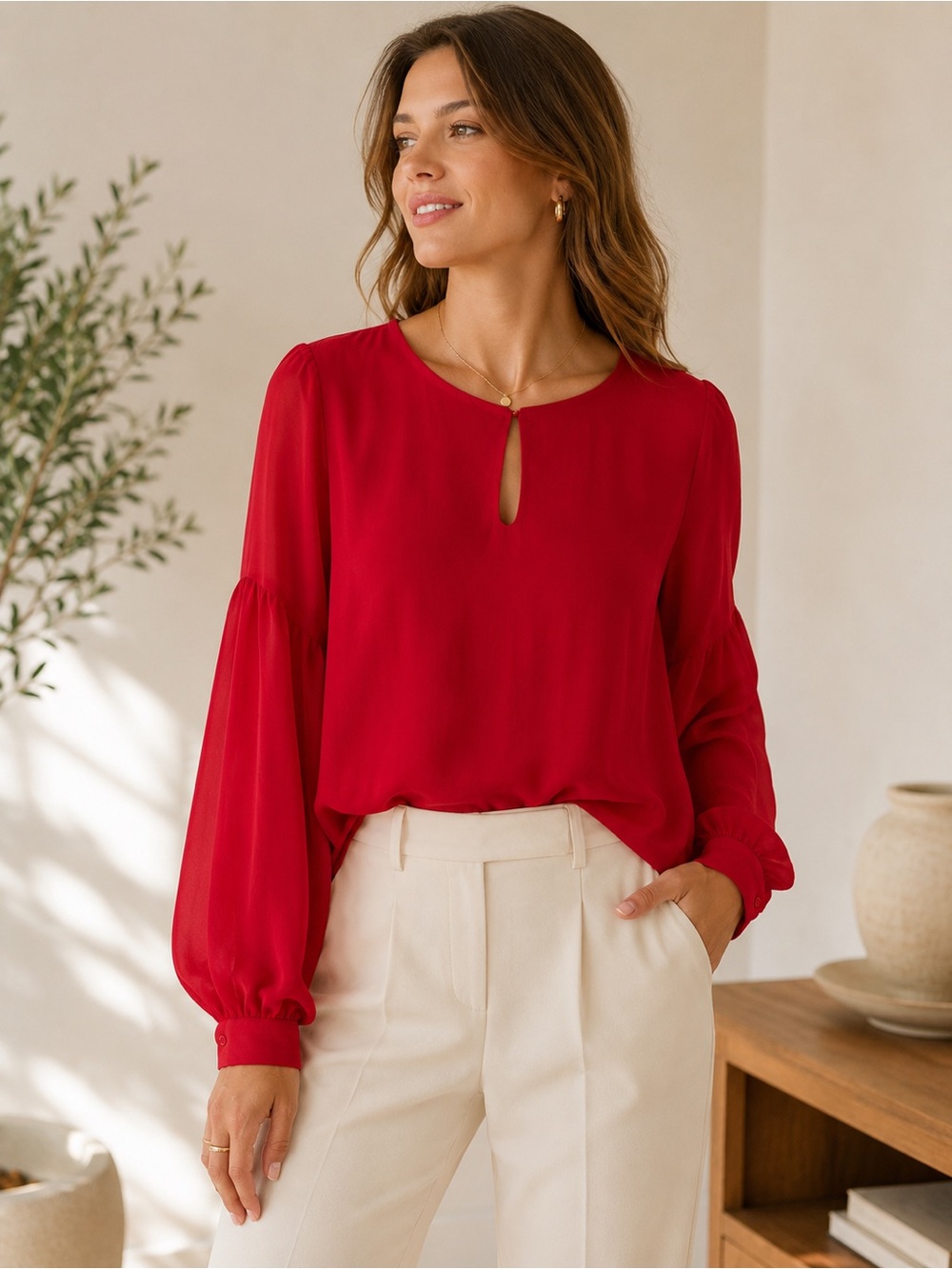 Express Red Chiffon Blouse Small Balloon Sleeve Keyhole Neck Double Layer